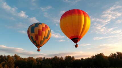 Two vibrant hot air balloons drift across a clear sky at dawn, showcasing a scenic and tranquil aerial view that invokes feelings of freedom and adventure in nature.