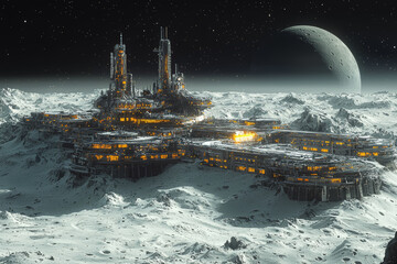 Wall Mural - a space station orbiting the moon, serving as a launch point for deeper space missions, highlighting