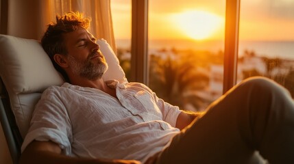 Wall Mural - A man with a serene expression relaxes in comfort, basking in the warm glow of the sunset from the window, representing tranquility and contentment.