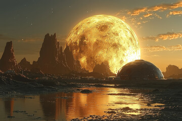 Poster - A space colony concept with domes on Mars, highlighting the potential for human settlement on other planets. Concept of space colonization.