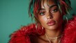 © svastix - A striking woman with multicolored hair exudes confidence in a bold red fur coat, showcasing style and self-expression against a teal background, embodying fashion.