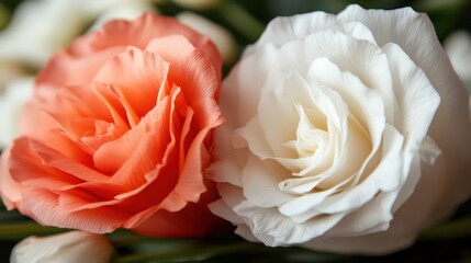 An enchanting close-up of a pair of blooming roses, one vibrant orange and the other pure white, showcasing the intricate petal details and contrasting colors.