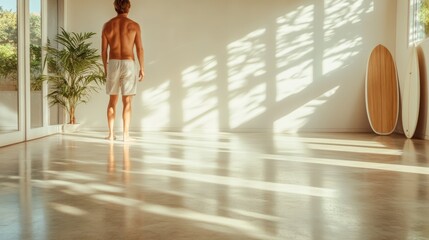 A contemplative man stands in a minimalist room with polished wood floors and surfboards leaning against the walls, basking in the sunlight streaming in.