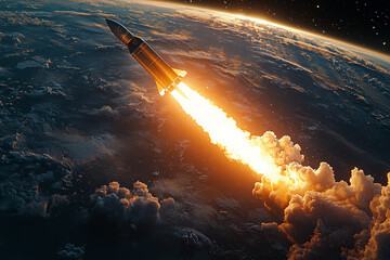 A rocket launching from Earth into space, representing advancements in space exploration. Concept of space exploration.