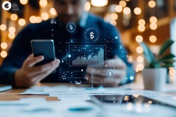 Poster - An individual analyzes futuristic digital stock charts on a mobile device, surrounded by warm lighting, representing modern finance and investment strategies.