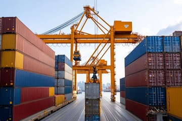 A bustling industrial port scene features large yellow cranes arranging stacks of colorful shipping containers, emphasizing global trade, logistics, and international commerce.