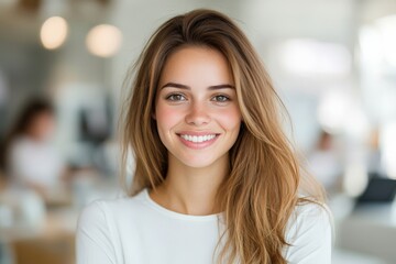 A smiling young woman with long hair enjoys a bright and casual workspace, highlighting positivity, youthfulness, and an inviting atmosphere for creative work.