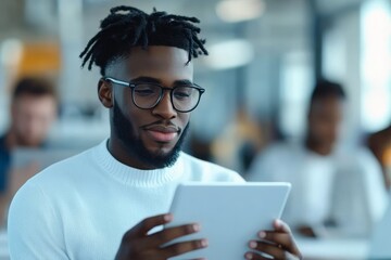Poster - A man wearing glasses and a white sweater is using a tablet while sitting in what appears to be an office setting with soft focus in the background.