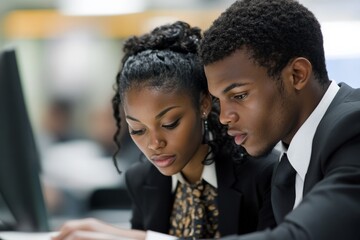 Poster - Two coworkers, focused and dedicated, work together at a computer, emphasizing collaboration and concentration in a professional setting.