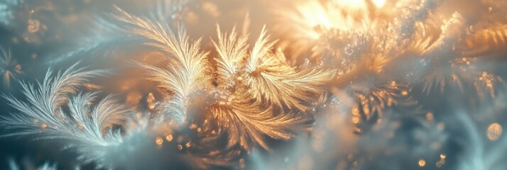 Poster - Frosty patterns emerge in intricate designs, reflecting warm light and creating an enchanting contrast against the cool backdrop of winter. Generative AI