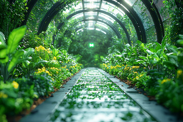 Poster - a greenhouse with automated systems regulating climate and water use, symbolizing technological adva