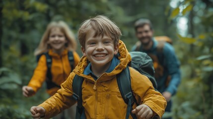 A joyful European family adventure with two energetic boys exploring the forest trails together on a sunny day