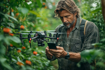 Aufkleber - A farmer adjusting a drone's settings through a mobile app, showcasing the ease of use and accessibility of drone technology for farmers. Concept of accessibility.