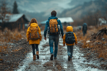 Wall Mural - A family moving from a rural area to an urban center for better access to healthcare and education, showing internal migration dynamics. Concept of internal migration.