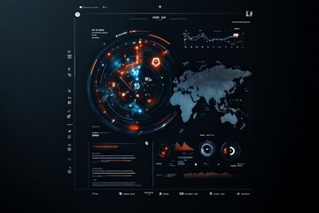 Poster - A futuristic digital interface displays global data and analytics, featuring maps, graphs, and interactive elements designed for high-tech environments.