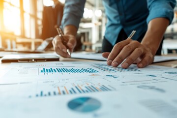 Poster - A close-up shot of hands working on financial data analysis, emphasizing precision and attention to detail in a professional setting, surrounded by various charts.