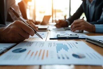 Poster - A group of professionals attentively reviews financial documents and graphs during a meeting, highlighting teamwork and strategic planning in a corporate setting.