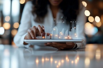 Poster - A person interacts with a tablet displaying futuristic data visualizations, featuring graphs and abstract digital elements, symbolizing technology and analytics.