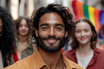 A man with a joyful smile is in a parade filled with vibrant colors. In the background, a rainbow flag can be seen, symbolizing celebration and diversity.