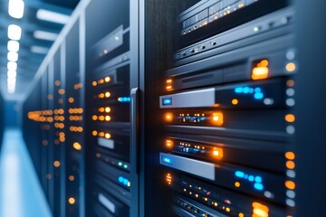 Poster - A state-of-the-art data center with rows of illuminated server racks, symbolizing technology, connectivity, and the modern digital infrastructure powering communication.