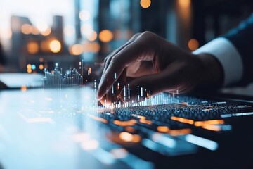 Poster - A hand interacts with a digital display, manipulating graphs and data visualizations, symbolizing advanced technology and analytics in a modern setting.