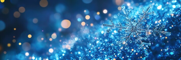 Poster - Delicate snowflakes sparkle in a deep blue setting, surrounded by a soft glow, evoking the enchanting beauty of winter. Generative AI