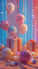 many pastel color gift boxes on on the blue background  with helium balloons 