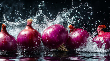 A close-up photo of red onions splashing into water. The photo was taken with a high-speed camera against a black background. It's a visually appealing image for a cooking or freshness theme. 