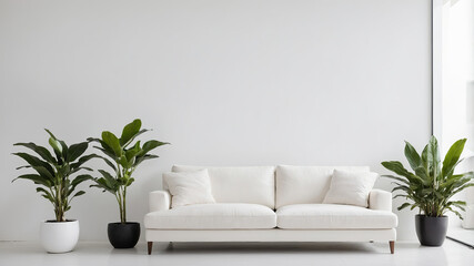 white sofa in a light interior with indoor plants