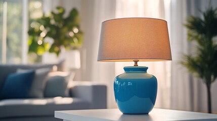 Poster - A blue ceramic table lamp with a white lampshade sits on a white table in a living room.
