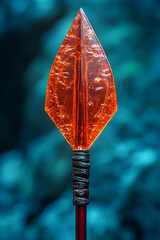 A striking orange spearhead with a textured surface, set against a blurred blue background, highlighting its intricate design and craftsmanship.