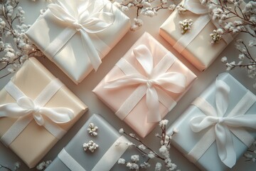 Elegant Gift Boxes with Bows and Flowers: Aesthetic Celebration and Decoration Concept