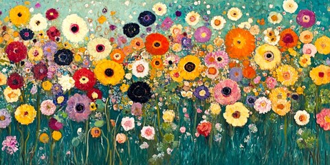 Wall Mural - A vibrant field of colorful flowers bursts with life and joy. This image showcases a lively spring landscape filled with various blooms. Perfect for nature lovers and art enthusiasts. AI