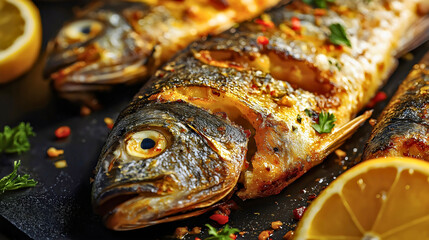 Crispy fried fish, delicious lemon gourmet, grilled restaurant prepared dinner, fresh seafood cuisine, traditional homemade tasty