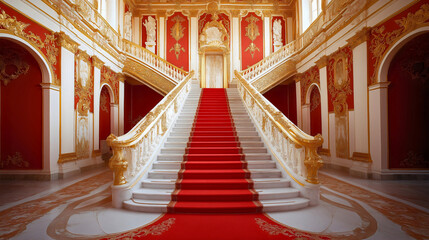 Luxury red carpet staircase, elegant vip event palace, golden prestige exclusive success, glamorous celebrity premiere, festive entertainment celebration