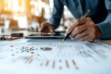 Poster - A close-up view of a person reviewing financial charts and graphs on a tablet, capturing focus and attention on data analysis and business strategy.