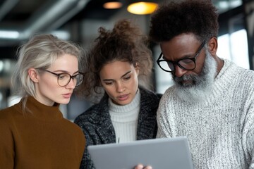 Three professionals are intensely focused on a digital tablet, displaying teamwork and collaboration in a modern and tech-driven workspace environment.