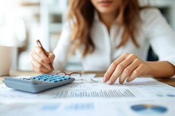 Poster - A focused woman works on calculations, using a calculator and pen on financial documents, highlighting the importance of financial analysis in decision-making processes.