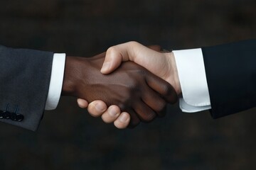 A close-up image of a diverse handshake between two people, representing unity and teamwork in a professional setting, with emphasis on cross-cultural collaboration.