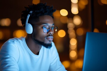 Poster - A man with glasses and headphones intently looks at a laptop screen in a dimly lit environment, conveying concentration, focus, and digital engagement.