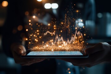 Poster - A highly detailed digital data visualization displayed on a tablet, surrounded by futuristic spark effects, representing technology and innovation in data analytics.
