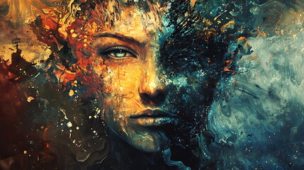 Poster - Exploring the depths of emotion an abstract portrait representing the duality of mind through vivid artistic expression