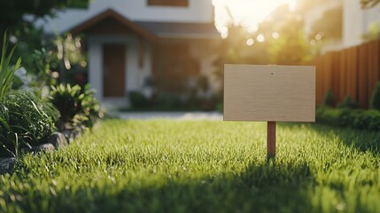 Blank yard sign in green grass on the house background. Yard sign mockup 