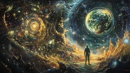 Poster - A solo journey through the cosmic expanse a figure navigating the mysteries of vibrant galaxies and celestial wonders