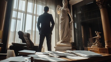 Poster - A businessman stands by the window in a luxurious office with a statue in the background.