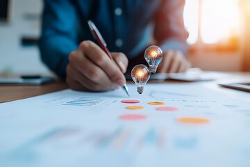 A man in a blue shirt is writing on a document at a desk, with graphical charts. Two superimposed light bulbs symbolize innovative ideas, brainstorming, and inspiration.