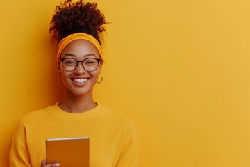 A cheerful woman with curly hair and glasses, wearing a yellow sweater, stands against a yellow background holding a tablet, exuding happiness and tech-savviness.