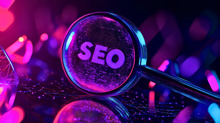 Wall Mural - strategic seo magnifying glass, analytical research analysis website, focused discovery find strateg