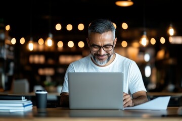 Poster - A person with gray hair and beard is seated at a laptop in a warmly lit modern workspace, evoking productivity and contentment.