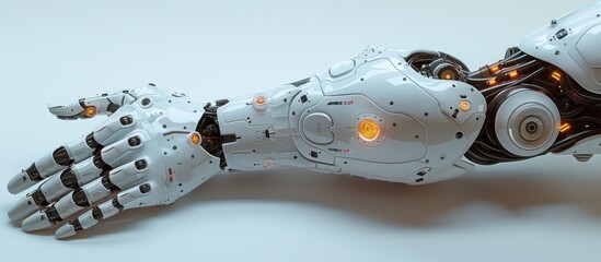 Wall Mural - A robotic arm with an open hand, showing the intricate details of its mechanical design, lit by glowing orange lights.